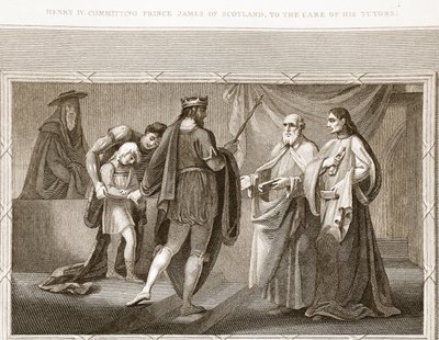 Heinrich IV übergibt Prinz James von Schottland in die Obhut seiner Lehrer, Illustration aus David Humes The History of England, veröffentlicht von R. Bowyer, London, 1812 von English School