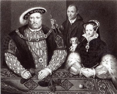 Heinrich VIII., seine Tochter Königin Maria und Will Somers, nach einem Ölbild aus dem 16. Jahrhundert, posthum gemalt, 1821 von English School
