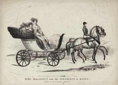 Ihre Majestät und die Herzogin von Kent bei einer Ausfahrt in ihrem Phaeton von English School