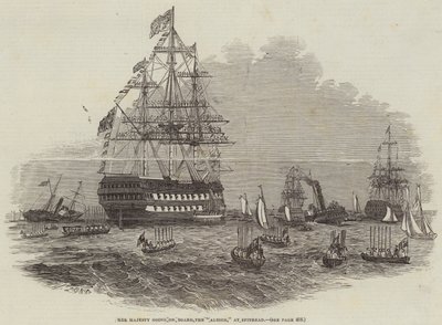 Ihre Majestät geht an Bord der "Albion" in Spithead (Stich) von English School
