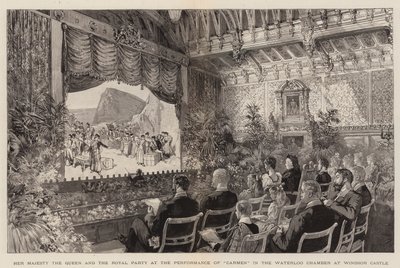 Ihre Majestät die Königin und die königliche Gesellschaft bei der Aufführung von "Carmen" im Waterloo-Saal von Windsor Castle (Gravur) von English School