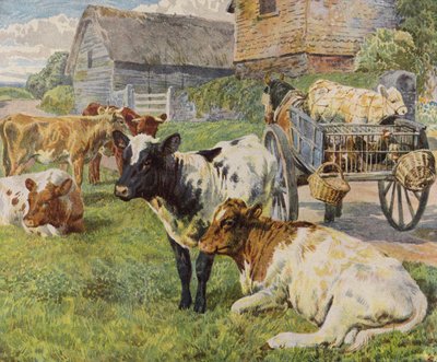 Herde von Kühen und ein Kalb in einem pferdegezogenen Wagen von English School