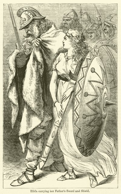 Hilda trägt das Schwert und den Schild ihres Vaters von English School