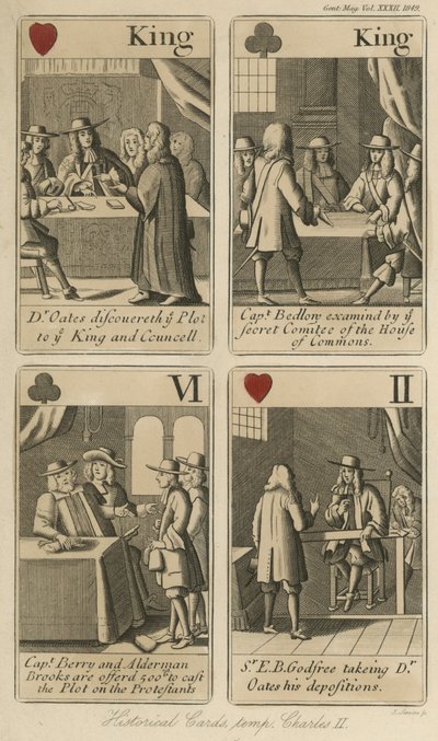 Historische Spielkarten, die die Geschichte von König Karl II. erzählen von English School