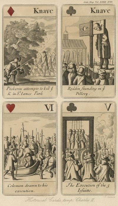 Historische Spielkarten, die die Geschichte von König Karl II. erzählen von English School