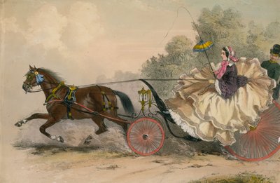 Pferd und Kutsche in voller Fahrt mit einer Dame an der Peitsche; Prostitution von English School