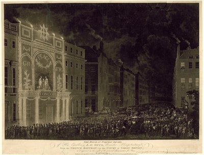 Haus am Portman Square des französischen Botschafters, beleuchtet zur Feier des Friedens, 29. April 1802 von English School