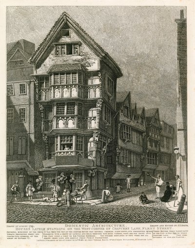 Häuser, die kürzlich an der westlichen Ecke der Chancery Lane, Fleet Street, London, standen von English School