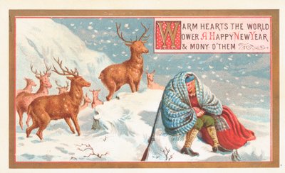 Jäger und Hirsche im Schnee, Neujahrskarte von English School