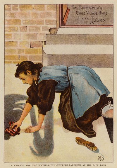 Ich beobachtete das Mädchen, wie es den Betonboden an der Hintertür wusch von English School
