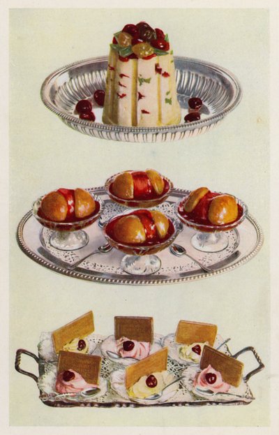 Eispudding; Pfirsiche Melba; Sahneeis von English School