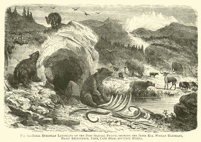 Ideale europäische Landschaft der postglazialen Periode, mit dem Irischen Elch, Wollmammut, Haarigem Nashorn, Urus, Höhlenbär und Höhlenhyäne von English School