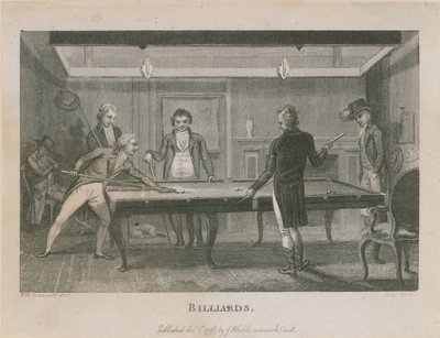 Illustration, die eine Gruppe von Männern beim Billardspielen darstellt von English School