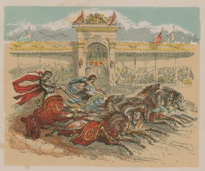 Illustration, die zwei Streitwagen darstellt von English School