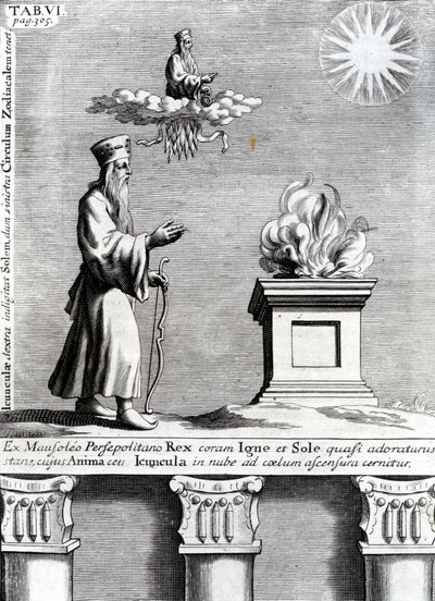 Illustration von Zoroaster, der Feuer und die Sonne anbetet, 1697 von English School