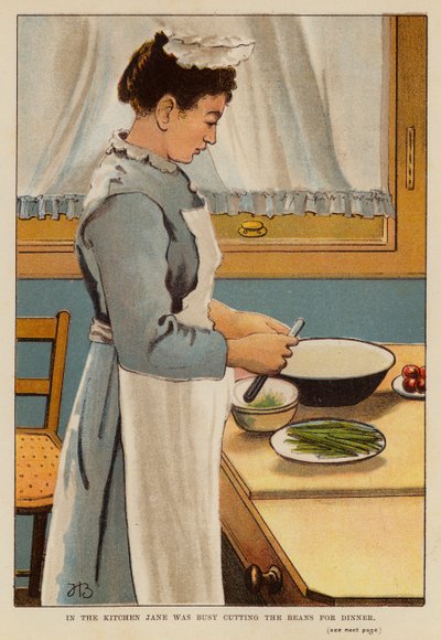 In der Küche war Jane damit beschäftigt, die Bohnen für das Abendessen zu schneiden von English School
