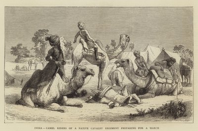 Indien, Kamelreiter eines einheimischen Kavallerieregiments bereiten sich auf einen Marsch vor von English School