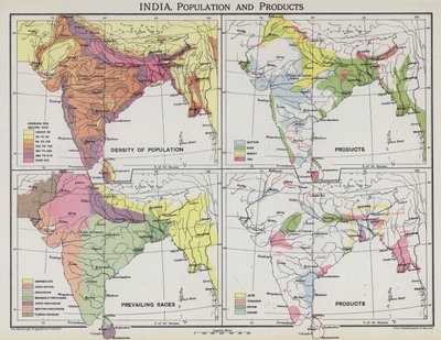 Indien, Bevölkerung und Produkte (Farblithografie) von English School