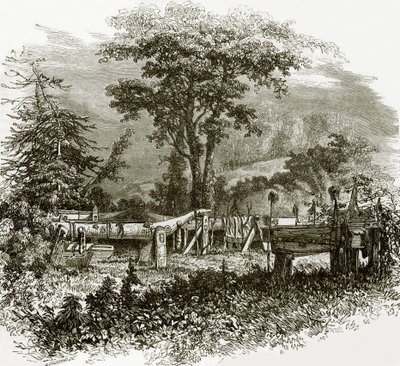 Indische Grabstätten am Ufer des Cowlitz-Flusses von English School