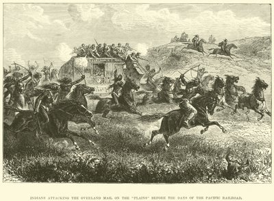 Indianer greifen die Overland Mail auf den Ebenen vor den Tagen der Pazifik-Eisenbahn an von English School