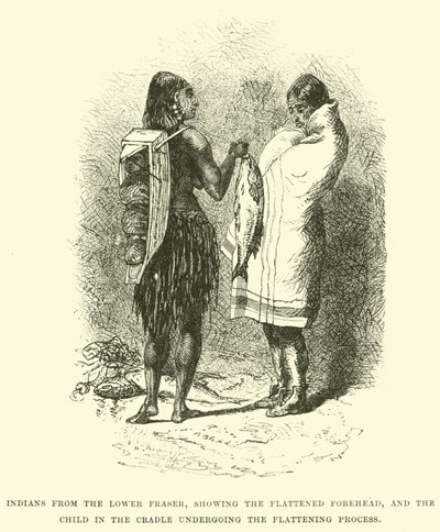 Indianer vom unteren Fraser mit abgeflachtem Stirn und Kind in der Wiege während des Abflachungsprozesses von English School