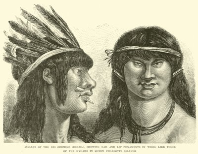 Indianer des Rio Oermejo (Brasilien), die Ohr- und Lippenornamente aus Holz zeigen, ähnlich denen der Hydahs auf den Queen Charlotte Islands von English School