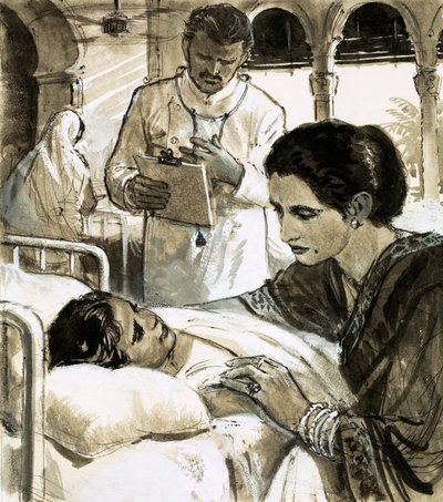 Indira Gandhi wacht über ein Kind im Krankenhaus von English School