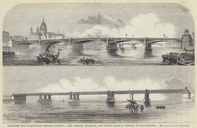 Geplante neue Blackfriars-Brücke, London, die London, Chatham und Dover Eisenbahnbrücke, bei Blackfriars (Gravur) von English School