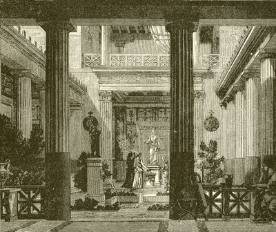 Innenhof eines griechischen Hauses mit einer Statue der Göttin Hestia von English School