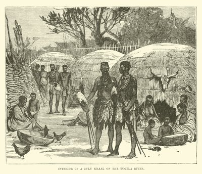 Inneres eines Zulu-Kraals am Tugela-Fluss von English School