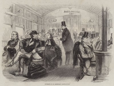 Innenraum eines amerikanischen Eisenbahnwagens (Stich) von English School