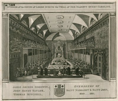 Innenansicht des House of Lords während des Prozesses von Königin Caroline von English School