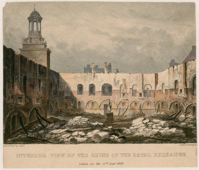 Innenansicht der Ruinen der Royal Exchange, London, aufgenommen am 11. Januar 1838 von English School