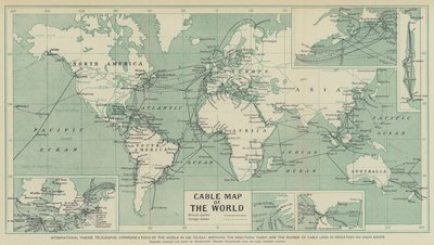 Internationale marine-telegraphische Kommunikation der Welt, die heute in Gebrauch ist, zeigt die Richtungen und die Anzahl der Kabelverbindungen auf jeder Route von English School