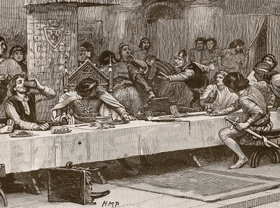 Unterbrechung des Weihnachtsessens von Balliol, Illustration aus Cassells Illustrierter Geschichte Englands von English School