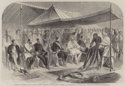 Interview in Sealkote am 9. März zwischen dem Maharadscha Rumbeer Singh von Kaschmir und seiner Exzellenz Lord Canning von English School