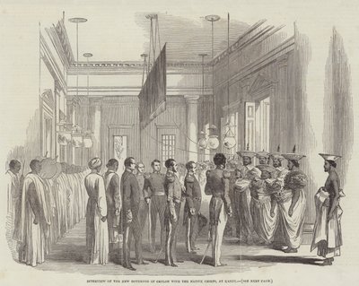 Interview des neuen Gouverneurs von Ceylon mit den einheimischen Häuptlingen in Kandy (Stich) von English School