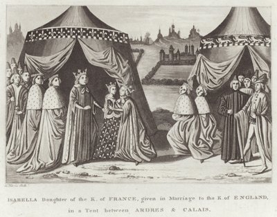 Isabella, Tochter des Königs von Frankreich, in einer Zeltstadt zwischen Ardres und Calais mit dem König von England verheiratet von English School