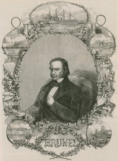 Isambard Kingdom Brunel umgeben von einigen seiner Errungenschaften von English School