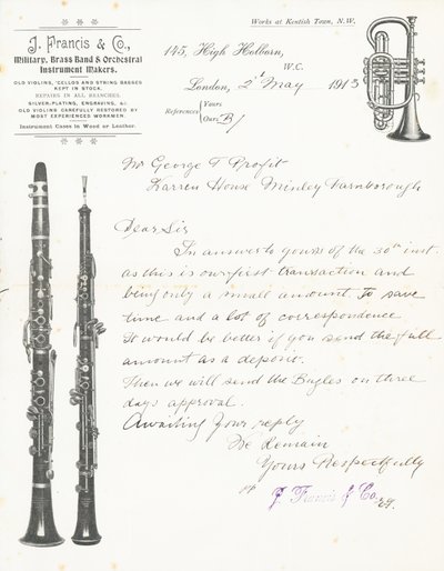 J. Francis & Co, Hersteller von Militär-, Blas- und Orchesterinstrumenten von English School