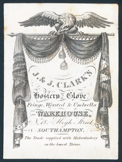J & J Clarks, Strumpfwaren, Handschuhe, Fransen, Wollwaren und Regenschirmwarenlager, Visitenkarte von English School