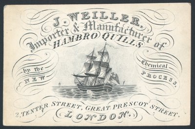 J. Weiller, Importeur und Hersteller von Hambro-Federn, 2 Tenter Street, Visitenkarte von English School