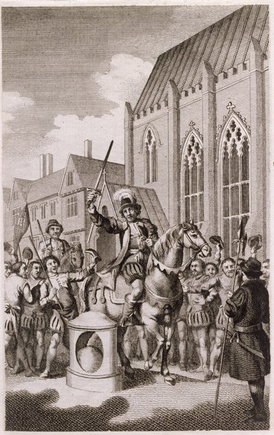 Jack Cades Rebellion im Jahr 1450: Cade erklärt sich zum Herrn der Stadt London am London Stone, Cannon Street, ca. 1770 von English School