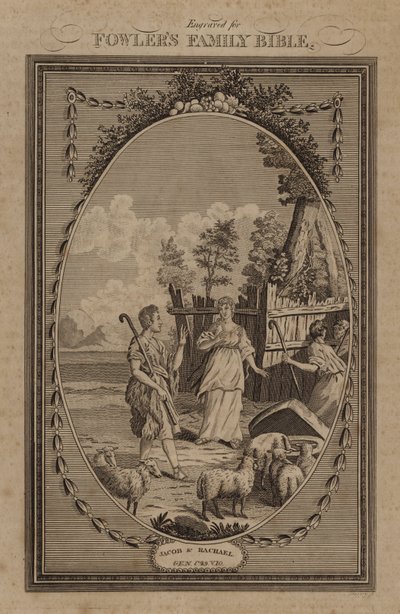 Jakob und Rahel, Genesis, Kapitel 29, Vers 10 (Gravur) von English School