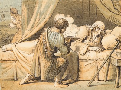 Jakob täuscht seinen Vater Isaak (farbige Gravur) von English School