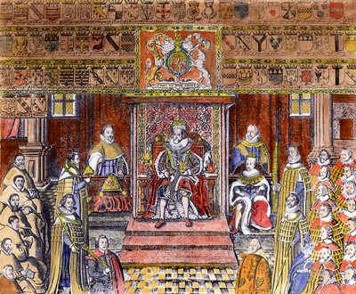 Jakob I. von England (1566-1625) am Hof (Gravur) (spätere Kolorierung) von English School