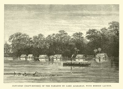 Jangadas (Floßhäuser) der Pamarys am Ajarahan-See mit Missionsboot von English School
