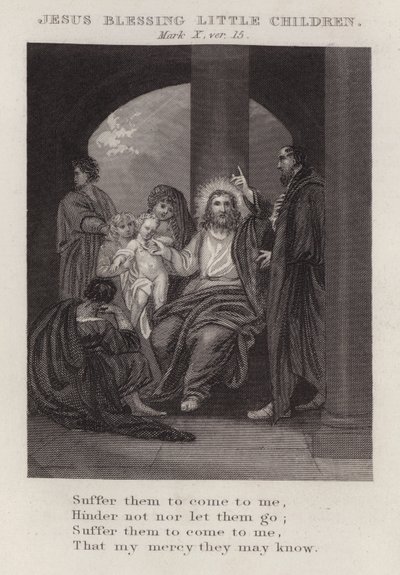 Jesus segnet kleine Kinder, Markus X, Vers 15 (Gravur) von English School