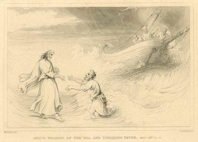 Jesus geht auf dem Meer und hält Petrus, Matthäus XIV, 24-33 (Gravur) von English School