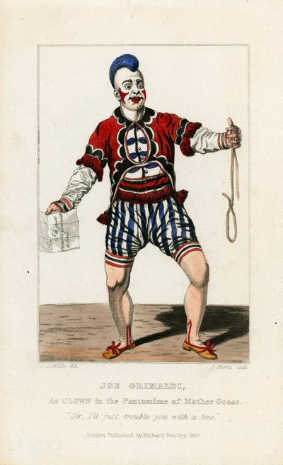 Joe Grimaldi, als Clown in der Pantomime von Mother Goose von English School
